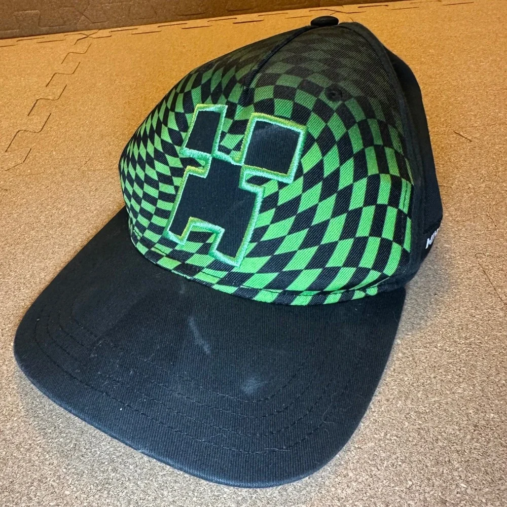 Minecraft Creeper Hat Youth OSFM Black Green Checkered Snapback Baseball Cap